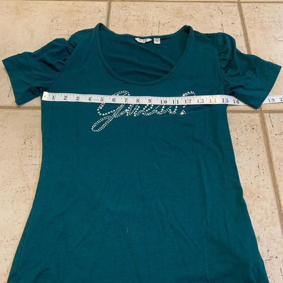 Y2K Vintage Guess Rhinestone Embellished T-Shirt Top - Dark Green M/M - Picture 3 of 6